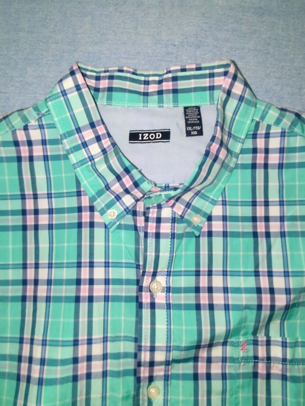 IZOD Plaid Short Sleeve Button Down Shirt Size XXL Green Blue Pink